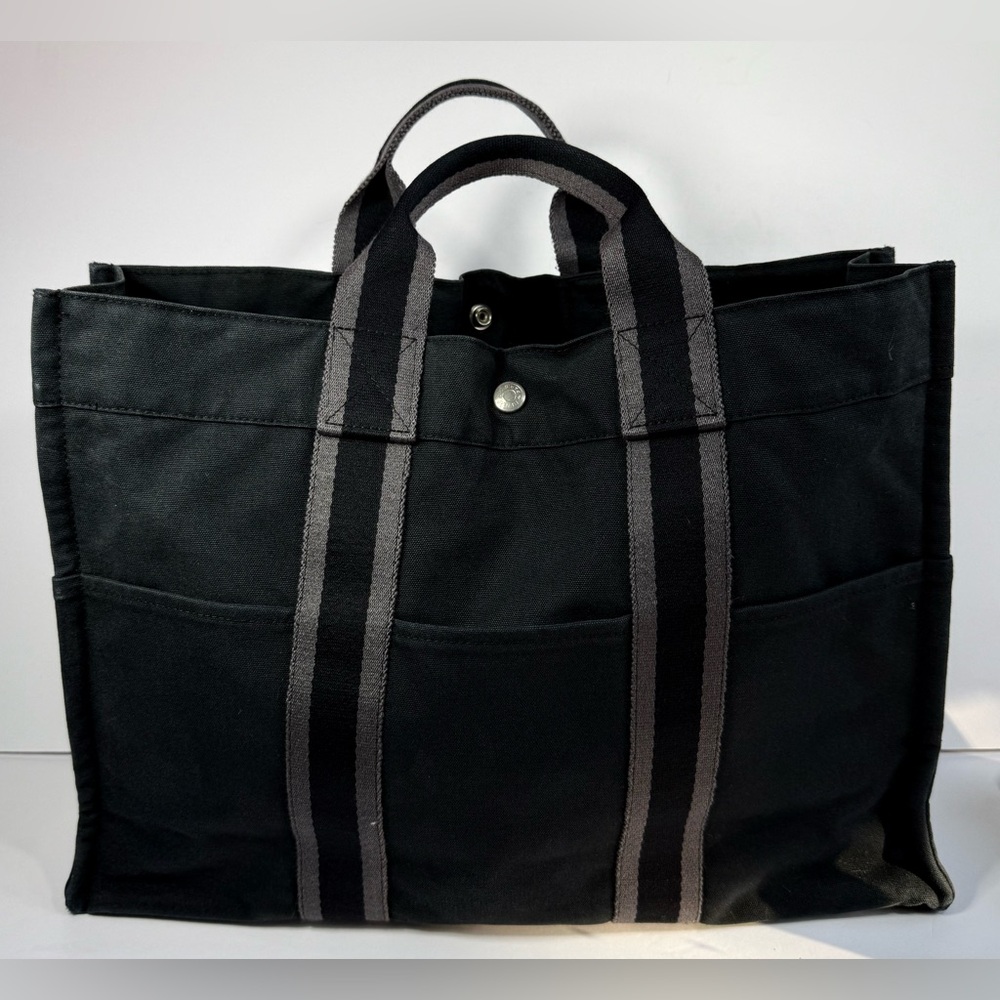 Hermès Fourre Tout MM Canvas Tote Bag Black Gray Stripe Authentic - Picture 2 of 16